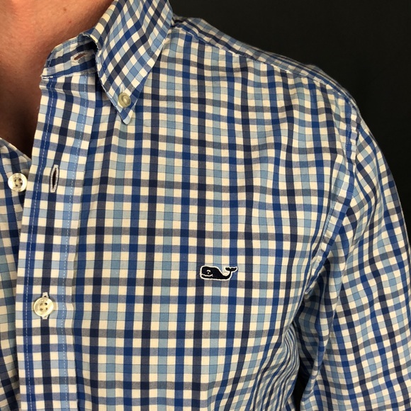 Vineyard Vines Blue Plaid Whale Shirt Slim Fit Size - Medium - Picture 3 of 3